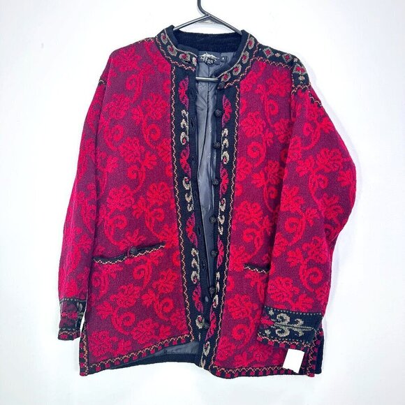 ICELANDIC DESIGN Red Floral Knit Wool Cardigan Sweater Longline Jacket Size Med - Picture 1 of 8
